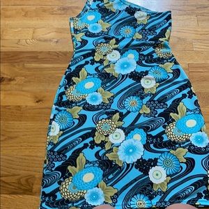One shoulder blue floral dress